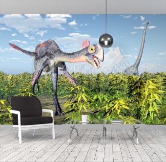 Picture of The dinosaurs Gigantoraptor and Mamenchisaurus